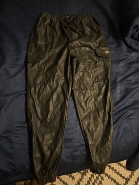 Black Leather Cargo Jogger Pants